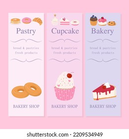 Sweet bakery and pastry shop dessert banner set with text, design with cake, cupcake, and baking products.