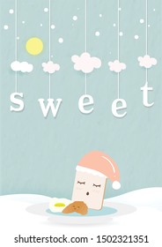 sweet bakery product background cover paper with full moon blue pastel.set on plate croissant egg breakfast menu.cloud hang on word is very cute cartoon design food character.