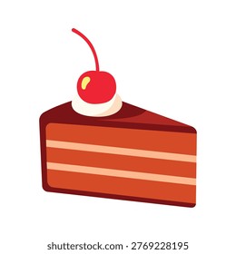 Sweet bakery product, piece of layered cocoa cake, maraschino cherry on top, delicious gourmet food icon.