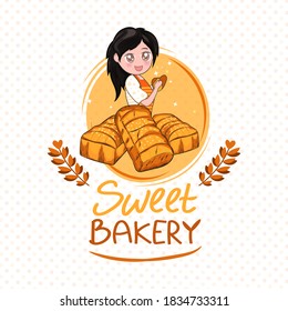 Sweet bakery products lettering logos with cute character, food shop, bakery product in cartoon style, isolated on a white background, vector illustration
