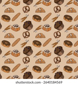 Sweet bakery seamless background pattern wallpaper with different types of baking products. Bakery shop and cafeteria restaurant decoration