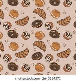 Sweet bakery seamless background pattern wallpaper with different types of baking products. Bakery shop and cafeteria restaurant decoration