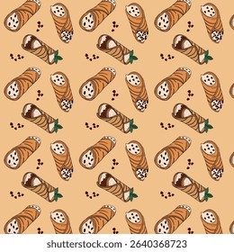 Sweet bakery seamless background pattern wallpaper with different types of baking products. Bakery shop and cafeteria restaurant decoration