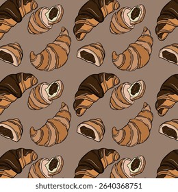 Sweet bakery seamless background pattern wallpaper with different types of baking products. Bakery shop and cafeteria restaurant decoration