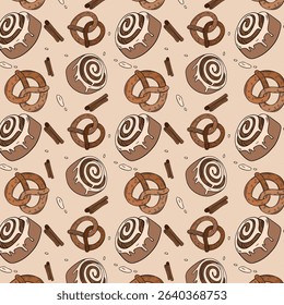 Sweet bakery seamless background pattern wallpaper with different types of baking products. Bakery shop and cafeteria restaurant decoration