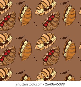 Sweet bakery seamless background pattern wallpaper with different types of baking products. Bakery shop and cafeteria restaurant decoration