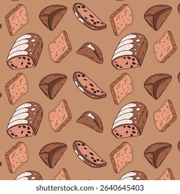 Sweet bakery seamless background pattern wallpaper with different types of baking products. Bakery shop and cafeteria restaurant decoration