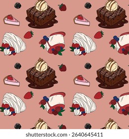 Sweet bakery seamless background pattern wallpaper with different types of baking products. Bakery shop and cafeteria restaurant decoration