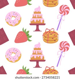 Sweet bakery seamless pattern with сookies, candy, chocolate, strawberry, cake. Flat vector illustration.	