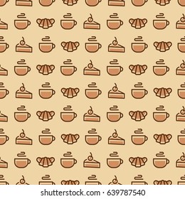 Sweet bakery seamless pattern consisting of croissant, cup of tea, cake color style on yellow background for cafe, cupcake firm, coffee shop, loaf store, bread house, food market. Vector Illustration