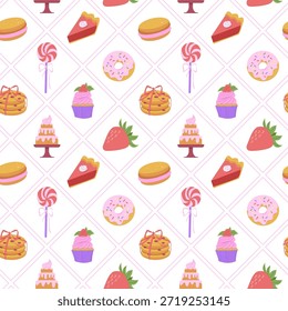 Sweet bakery seamless pattern with сookies, piece of pie, donut, candy, chocolate, cupcake, cake. Flat vector illustration.	