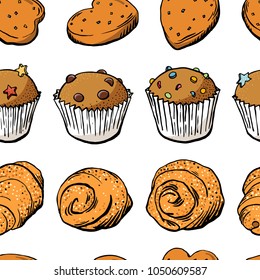 Sweet bakery seamless pattern with plain rolls, muffins and cookies in vector EPS8