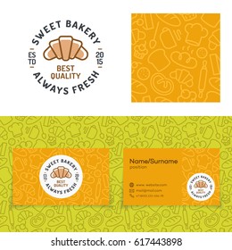 Sweet bakery set with baking pattern, card and logo consisting of croissant and sign always fresh for identity baking firm, coffee shop, loaf store, food market, cafe, bread house. Vector Illustration