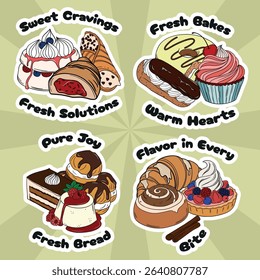 Sweet bakery set collections with various types of baking products and confectionery. Bakery shop and cafeteria restaurant decoration stickers 