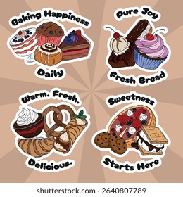 Sweet bakery set collections with various types of baking products and confectionery. Bakery shop and cafeteria restaurant decoration stickers 