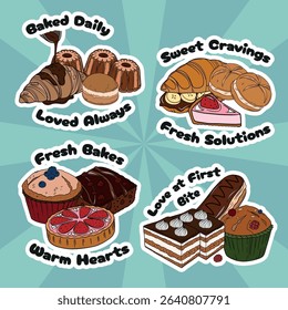 Sweet bakery set collections with various types of baking products and confectionery. Bakery shop and cafeteria restaurant decoration stickers 