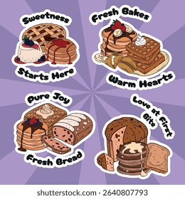 Sweet bakery set collections with various types of baking products and confectionery. Bakery shop and cafeteria restaurant decoration stickers 
