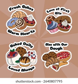 Sweet bakery set collections with various types of baking products and confectionery. Bakery shop and cafeteria restaurant decoration stickers 