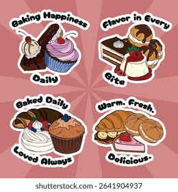 Sweet bakery set collections with various types of baking products and confectionery. Bakery shop and cafeteria restaurant decoration stickers 
