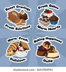 Sweet bakery set collections with various types of baking products and confectionery. Bakery shop and cafeteria restaurant decoration stickers 
