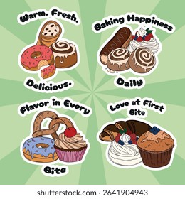 Sweet bakery set collections with various types of baking products and confectionery. Bakery shop and cafeteria restaurant decoration stickers 
