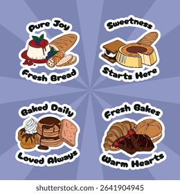 Sweet bakery set collections with various types of baking products and confectionery. Bakery shop and cafeteria restaurant decoration stickers 