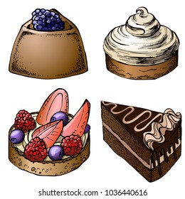 Sweet bakery set isolated on white background. Vector illustration. Chocolate cakes, biscuits, baking, pastries. Perfect for dessert menu or food package design.