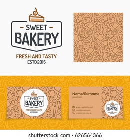 Sweet bakery set with logo consisting of cake and sign fresh and tasty, seamless pattern and cards for identity baking firm, loaf store, food market, coffee shop, cafe etc. Vector Illustration