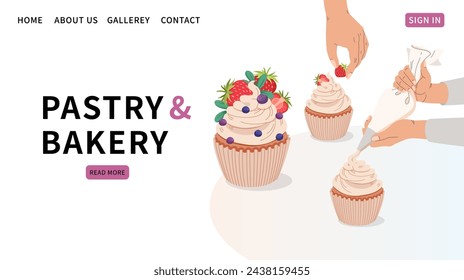 Sweet bakery shop website template. Decorating cake with cream. Pastry Bag icing. Recipe Cupcake with berry. Hand decoration cake, cream preparation. Kitchen utensil. Vector flat illustration.