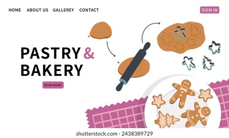 Sweet bakery shop website template. Christmas ginger cookies illustration. Kneading dough. Bakery process, baking cookies. Cookie molds. Kitchen utensil. Vector flat illustration.