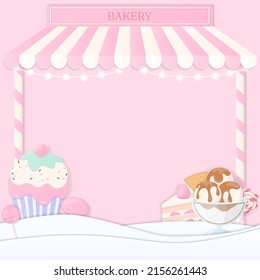 Sweet bakery store background concept, design with cake, cupcake, ice cream, macaron, and candy. Paper art style.