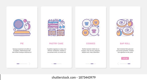 Sweet bakery sugar desserts vector illustration. UX, UI onboarding mobile app page screen set with line yummy sugary cafe patisserie or baker shop menu, cream torte cake, pie or tart and cookies