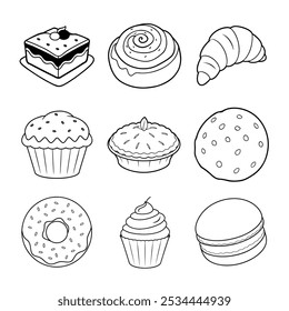 Sweet Bakery Treats Coloring Page Line Art Bundle – Donut, Cupcake, Croissant, Cookie, and More