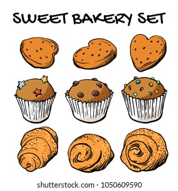 Sweet bakery vector set; cookies and cupcakes set in vector EPS8