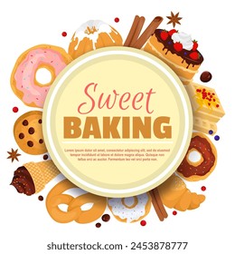 Sweet baking round poster template with tasty desserts design