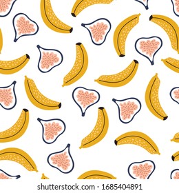 sweet banana and figs tropical exotic fruit pink green with seeds pitaya on a white background seamless pattern vector.