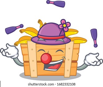 A sweet banana fruit box mascot cartoon style playing Juggling