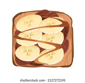 Dulce banana y mantequilla de cacahuete. Sándwich de fruta abierta con pasta de chocolate y caramelo sobre pan cuadrado a la parrilla. La comida del desayuno. Ilustración vectorial plana aislada en fondo blanco