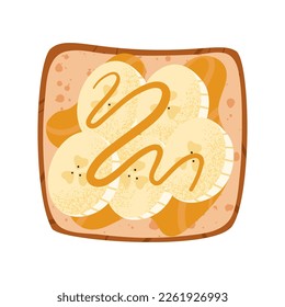 Sweet banana and peanut butter toast, point of view Open fruit sandwich with oily topping on grilled square bread. Breakfast healthy protein food. Flat vector illustration isolated on white background