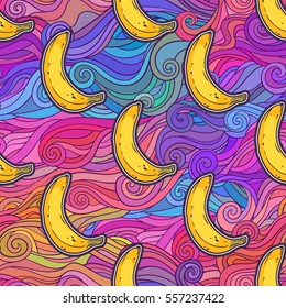 Sweet bananas pattern with colorful abstract wave hair background