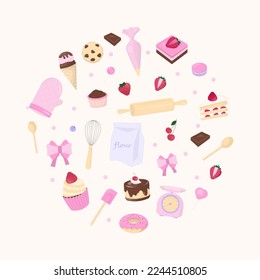 Sweet banner. Bakery, kitchen utensils, and ingredients in round shape. Hand drawn style.
