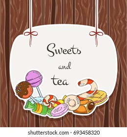 Sweet banner. Candy labels on wooden background.