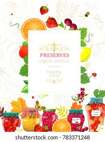 sweet banner with preserving cans of fruits and berries for your design