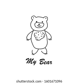 Sweet bear. Beautiful cartoon doodle cute bear in sketch style. Baby design. Simple scandinavian style. Perfect for postcard, anniversary, birthday, baby book.Hand drawn vector illustration.Minimalism