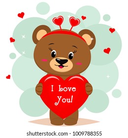 Sweet bear brown in a red bow is worth and keeps in the clutches of a red heart with an inscription, in the style of cartoons.