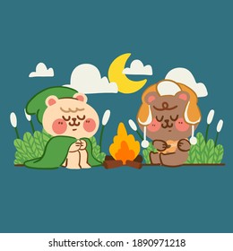 sweet bear couple camping in the forest doodle asset illustration