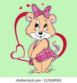 Sweet bear has fabric patterned dress and ribbon with around red heart and texts on green background. Vector illustration.