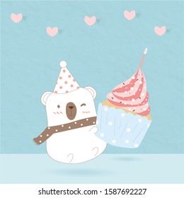 sweet bear is holding big cupcake with cute candle.it is wearing scarf and party hat.background decorate with pink pastel heart.the concept for blue birthday celebration.adorable animal likes dessert.