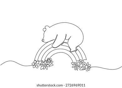 Dulce oso acostado en un arco iris decorado con flores en flor en un estilo de dibujo de línea continua. La obra de arte del concepto de naturaleza representa al mamífero de la vida silvestre descansando pacíficamente entre las muchas flores