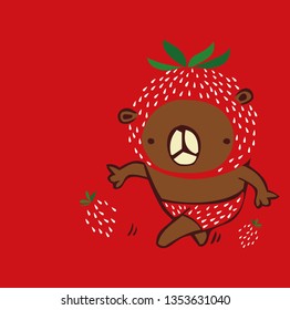 sweet bear with red berry, vector illustration , charecter cartoon